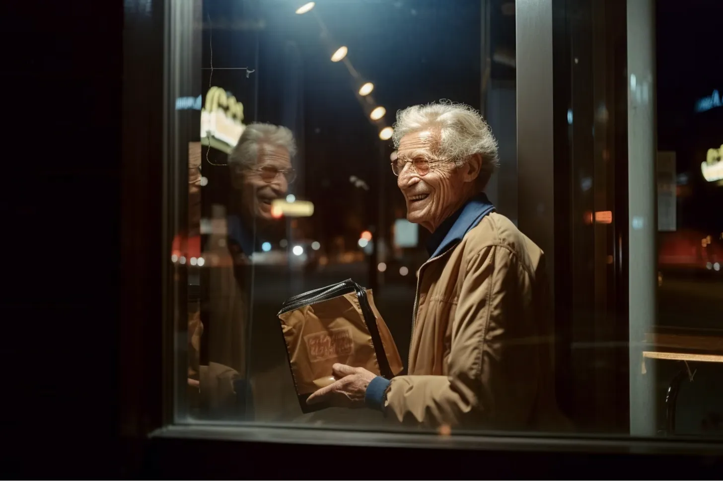 Another photo of a man laughing into his reflection in a shop window at night.