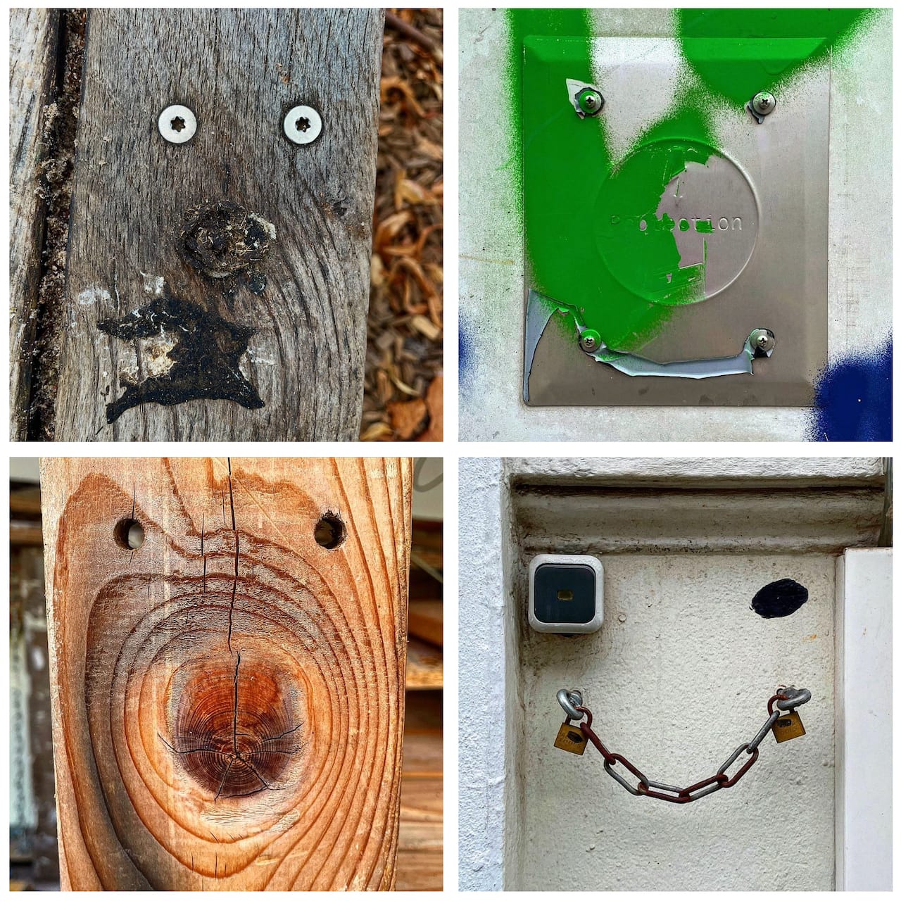 Cheeky, funny faces seen in wooden posts, a metal plate and on a wall with a chain for a smile!