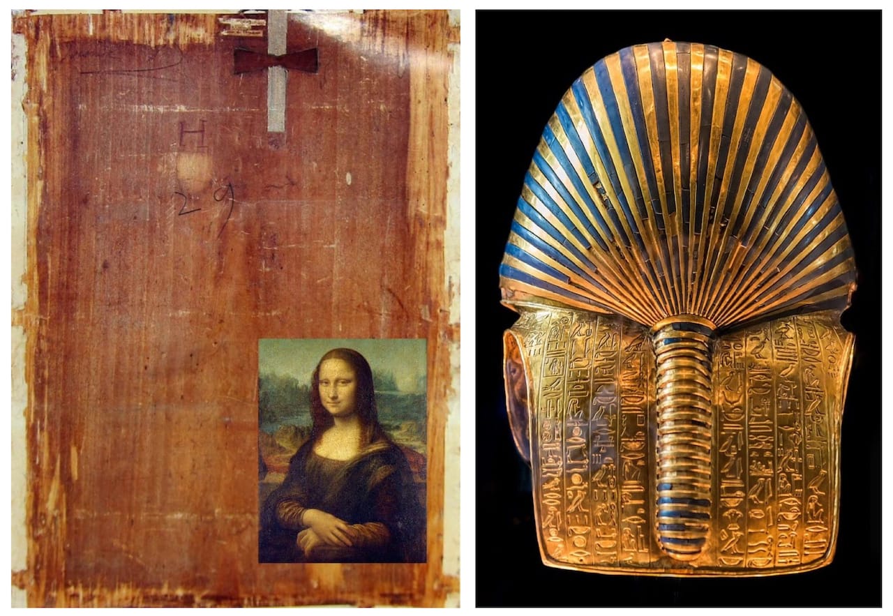 The back side of the Mona Lisa painting has a small print of the painting itself. The backside of the Tutakhamun burial mask has intricate carvings that most people don't ever see.