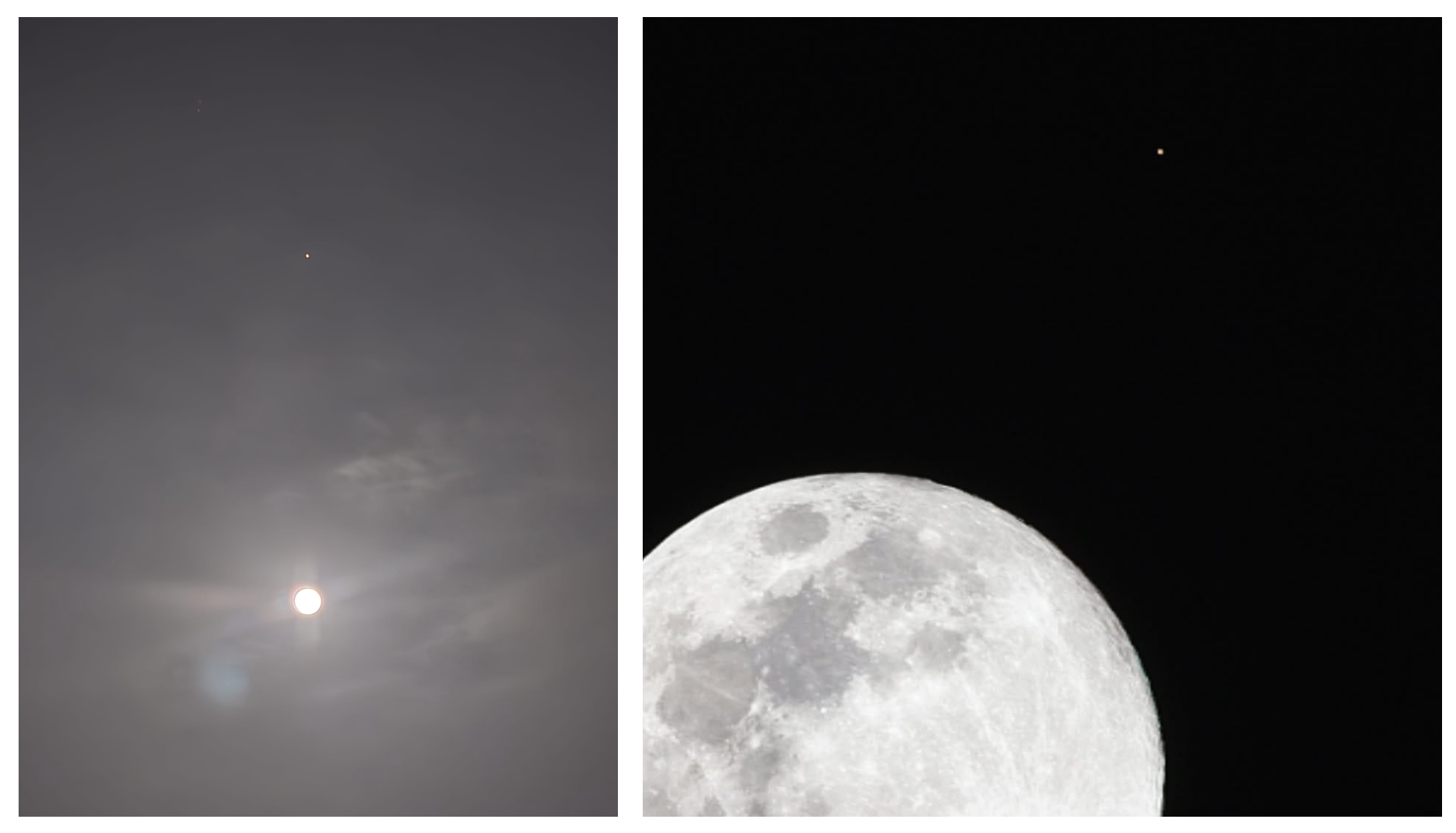 Images of a tiny dot of orange-yellow light, planet Mars, near to the moon.