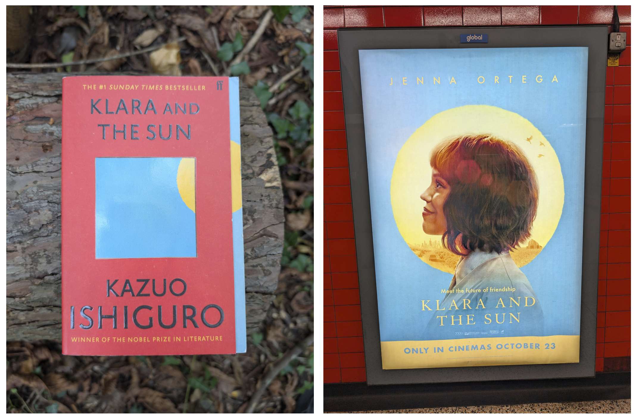 Left -book cover of Klara and the sun. Right - movie ad for the same, coming out in about a week.